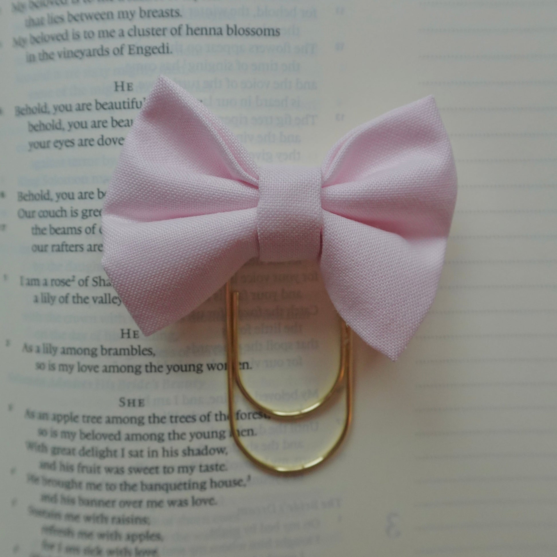 Pink bow-shaped bookmarker on a page of a book